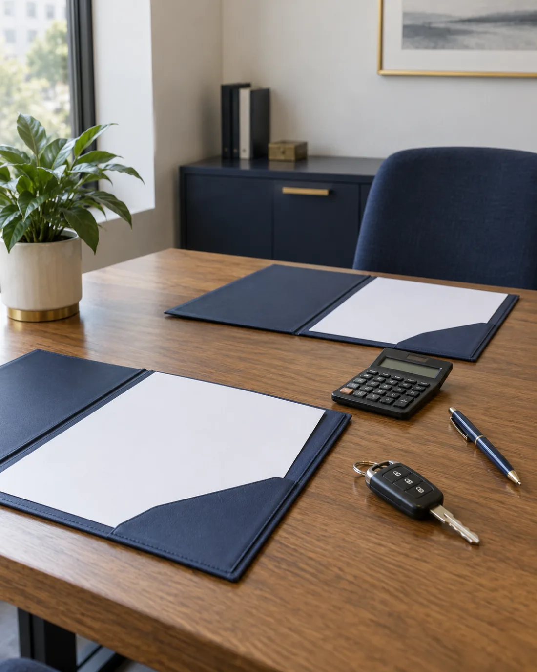 Two policy folders, a calculator, and vehicle keys ready for a quote comparison