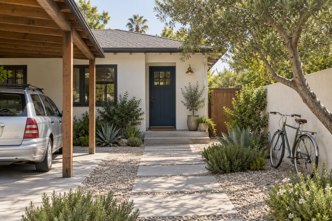 A bungalow courtyard with a station wagon, bicycle, and native planting