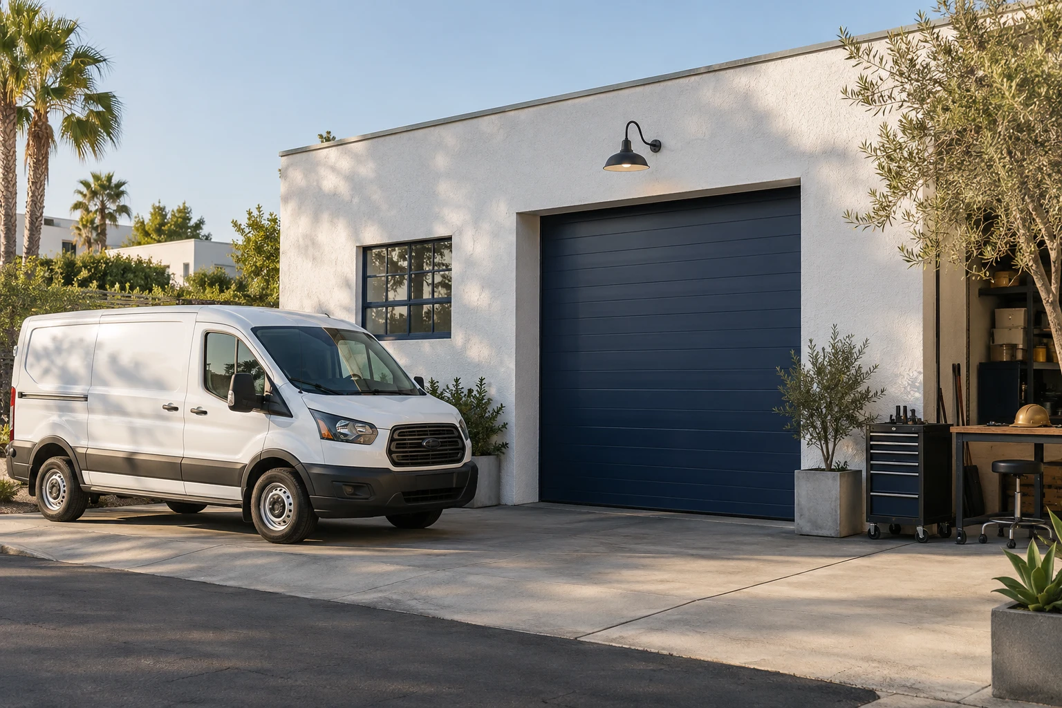 A white commercial van parked outside a Los Angeles workshop